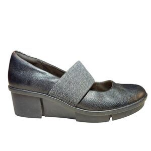 Clarks Womens Wedge Pola‎ River Mary Jane Comfort Shoe Black Leather Slip On 6.5